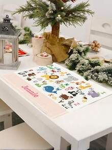 1pc Personalized Name Placemat With Cute Animal & Letter Design, ABC Desk Mat, Name Placemat, Laminated Placemat, Easy To Clean, Linen Material 32*42cm, Suitable For Dining Room, Living Room, Indoor