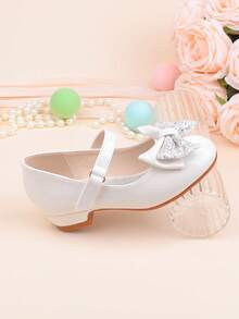 Zapatos de vestir con tacón grueso, decorados con lazo blanco y lentejuelas, adecuados para ocasiones formales, fiestas, bodas, actuaciones, ballet, estilo princesa, cómodos y versátiles para niñas pequeñas, medianas y grandes