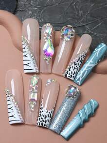 CrystalHola Conjunto de 10 unhas postiças artesanais, estilo francesinha, longas, cor nude com strass e estampa de leopardo, minimalistas e elegantes, combinando com azul, perfeitas para outono/inverno, acessório essencial para festas e casamentos, ótimo presente para meninas e mulheres, também adequadas para o Halloween e Ano Novo. - Multicolorido - Ver 2