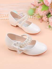 Chaussures de soirée à talon épais avec nœud blanc simple et décoration de perles, convenant aux occasions formelles, aux fêtes, aux mariages, aux représentations, au ballet, au style princesse. Confortables et polyvalentes pour les tout-petites, les petites et les grandes filles. - Blanc - Voir 5
