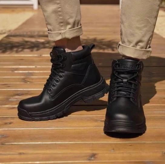 Skechers Botas de trabajo para hombres de la serie WORK, con cordones, versátiles, duraderas y cómodas, zapatos de cuero negro. - Negro - Ver 1