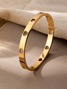 1 Pc 18K Gold Color Four Leaf Clover Hollow Out Heart Shape Stainless Steel Bangles Set - Fashionable Women Stacked Daisy Flower Bracelet - Jewelry For Daily Wear