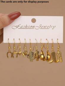 Set de 10 piezas de pendientes de estilo vaquero occidental de metal a la moda, con elementos de sombrero y bota - color dorado antiguo - Ver 10