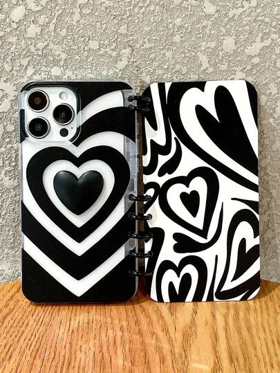 3D Decorazione a cuore nero, Custodia a libro con stampa a cuore nero per telefono, Custodia protettiva per schermo, Custodia trasparente a cuore compatibile con e telefoni Galaxy