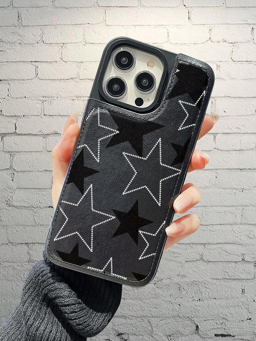 Star Pattern Leather Card Holder Mobile Phone Case, Black Leather Texture Mobile Phone Case, Suitable For Apple 12/13/14/15/16/17 Pro Plus Promax Series And Sumsung S22/S23/S24/S25 Plus Ultra - 黑色 - 查看 1