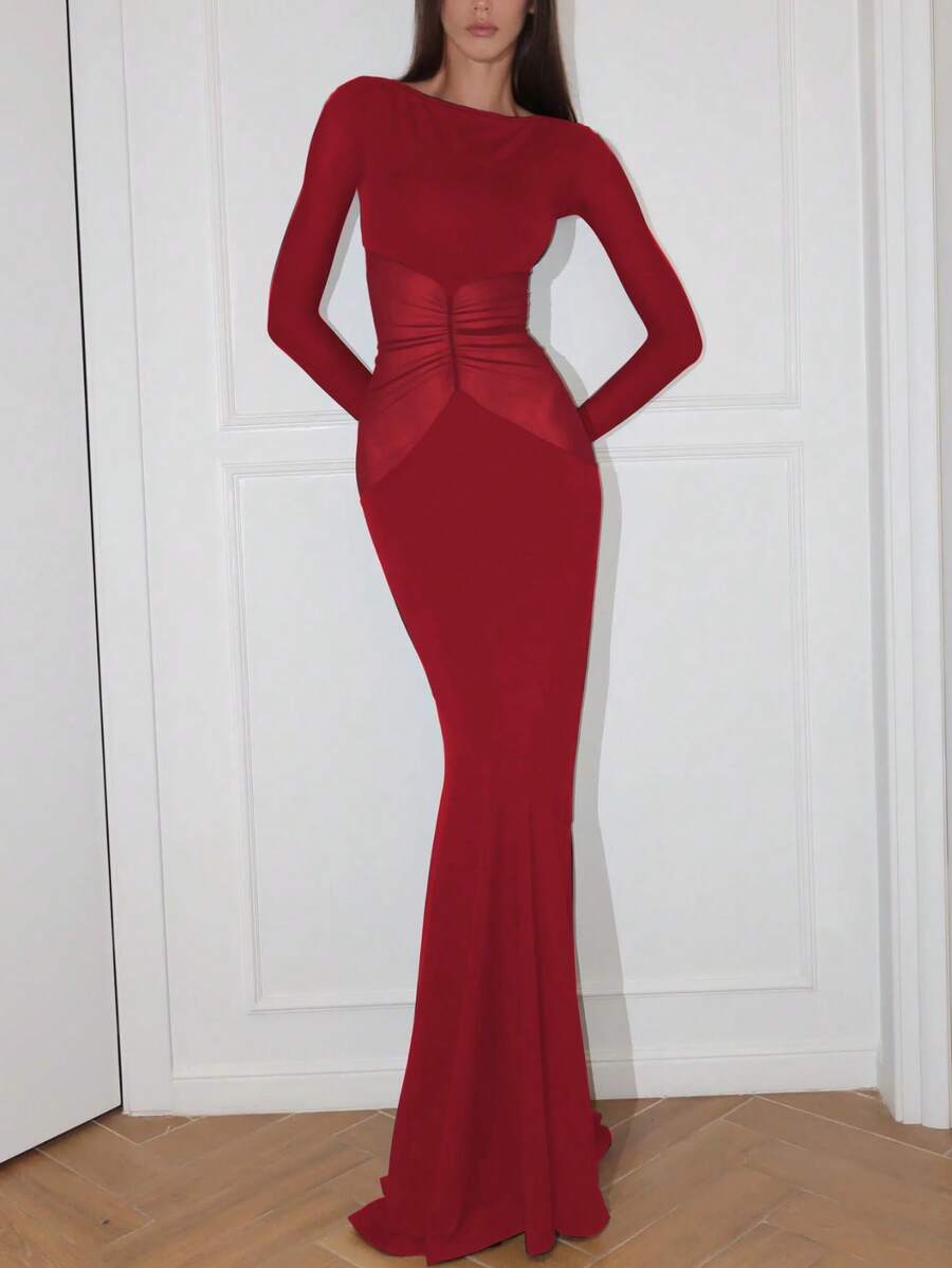 女士性感网纱拼接修身长袖连衣裙，优雅适合晚宴、节日派对、秋冬季穿着。 - 紅色 - 查看 1