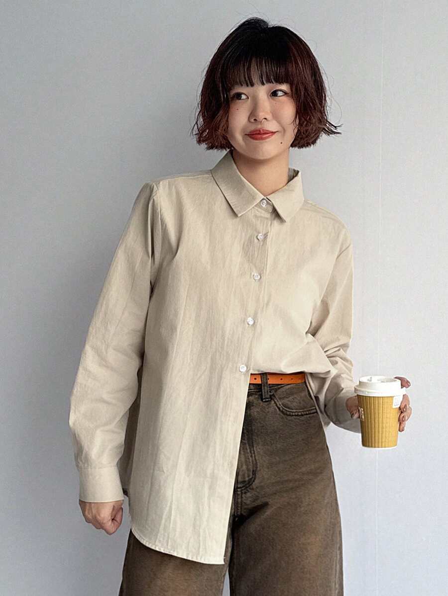 FRIFUL Camisa de manga larga de unicolor para mujer, para uso diario en primavera, tops de manga larga - Beis - Ver 1