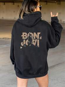 Rock Retro 'BON JOVI' Letter And Silhouette Print Hoodie - Black - View 7