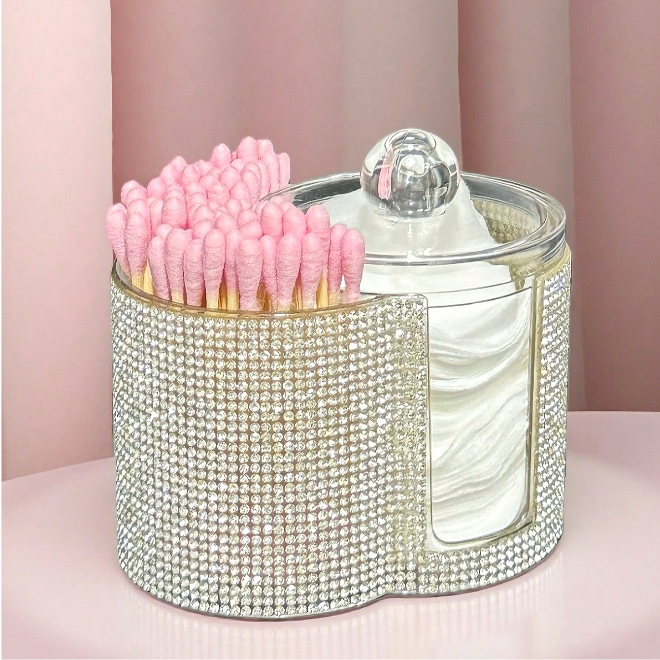 2-In-1 Rhinestone Plastic Storage Box, Tabletop Makeup Organizer Box With Dual Round Compartments - Modern Vanity Organizer With Lid, Bathroom Vanity Tidy For Makeup Brushes, Lipsticks, Beauty Tools,Gifts For Women,Christmas Gifts,Gift Ideas For Women,Room Decor