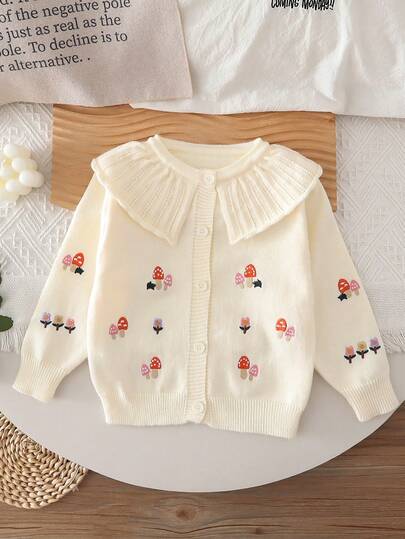 Girls' Autumn/Winter Knitted Cardigan, Cute Mushroom Embroidery Open Front Sweater Jacket With Peter Pan Collar, Baby Girls Holiday Outfit