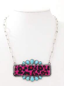 1pc Bohemian Style Leopard Print Leather Geometric Turquoise Pendant Necklace, Women - Necklace - View 11