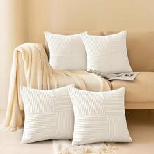 4 Fundas para Cojines, Cojines Decorativos Sala, Almohadas para decoración (45 * 45), Fundas de Almohada de Felpa para Decoración del Hogar Que no Destiñen y Decoración Navideña - 4 piezas de Tiras Beige - Ver 2