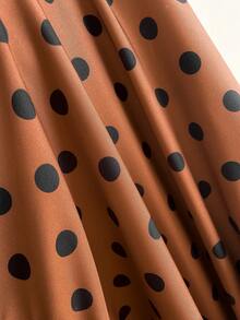 Rusttydustty Plus Size Women's Brown Polka Dot Long Sleeve Waist Cinched Dress, Suitable For Vacation & Everyday Wear, Autumn/Winter - Brown - View 7