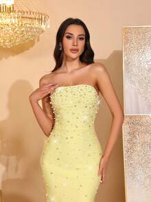 New Luxury High-End Metallic Embroidered Handmade Nail Art Beaded Sexy Strapless Patchwork Ruffle Midi Dress, Bridesmaid Formal Gown For Wedding, Birthday Party - Yellow - View 8