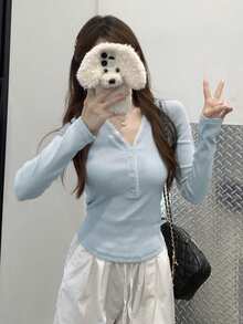 Women's Autumn/Winter Half-Open Collar Button Lace Patchwork 2 In 1 Long Sleeve T-Shirt