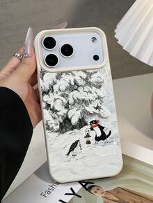 1 pièce Étui de téléphone doux et texturé, résistant à l'eau, aux chutes et antidérapant, avec illustration d'une maison enneigée et d'un chat floconneux, compatible avec les téléphones Apple, version internationale, pas la version domestique - Multicolore - Voir 6