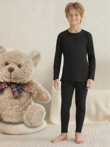 男童保暖内衣套装（8-12岁/120-160厘米） - 圆领长袖上衣和裤子，黑色 | 保暖内衬，超保暖透气 | 修身剪裁，适合居家玩耍、上下学、滑雪旅行 | 防静电，速干 | 冬季/圣诞节必备