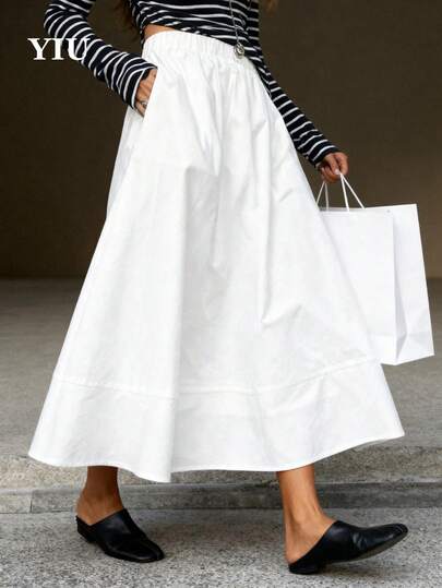 YIU Women's White Pleated Flare Maxi Skirt, Polyester Material, Non-Stretch, Suitable For Casual Wear