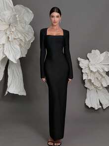 Long Sleeve Square Neck Bandage Knit Bodycon Dress, Luxury Sexy Fitted Party Cocktail Gown For Women - Black - View 1