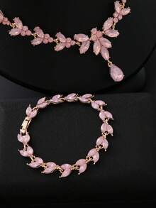 4 Pieces/Set Rhinestone Rhinestone Bridal Bridesmaid Jewelry Set, Elegant Horse Eye Pointy Rhinestone Leaf Necklace Pendant Earrings Bracelet Set, Suitable For Women's Wedding Party Accessories - Baby Pink - View 4