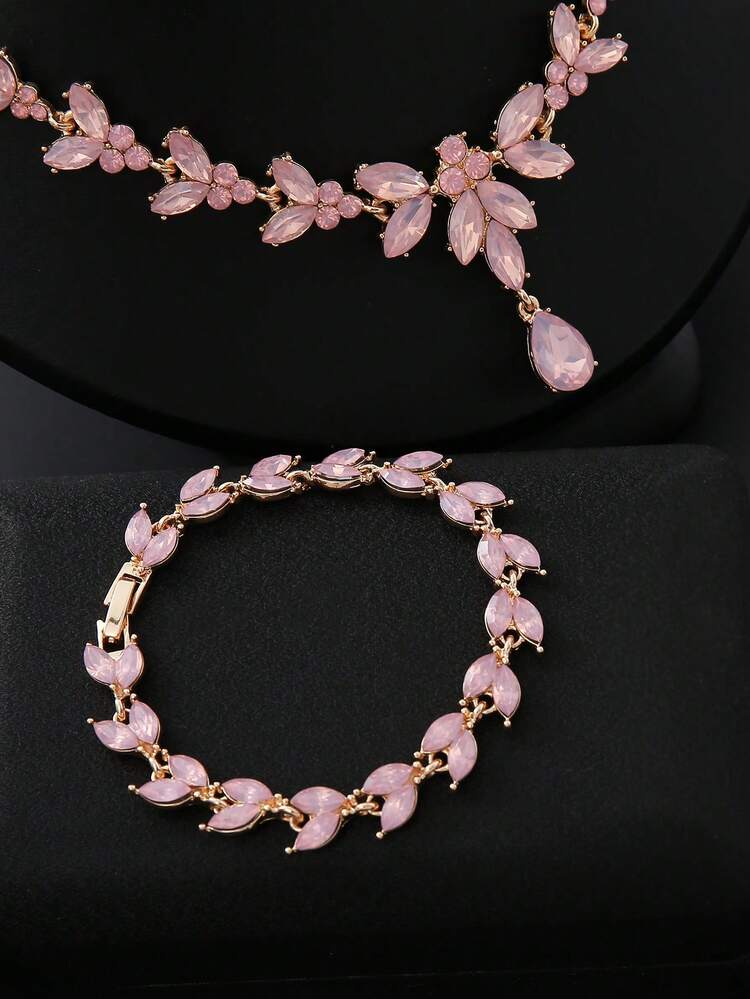 4 Pieces/Set Rhinestone Rhinestone Bridal Bridesmaid Jewelry Set, Elegant Horse Eye Pointy Rhinestone Leaf Necklace Pendant Earrings Bracelet Set, Suitable For Women's Wedding Party Accessories - Màu Hồng baby - Xem 4