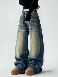 Vintage Washed Black Straight Leg Jeans For Teen GirlCasual Wide Leg Pants - Blue - View 2