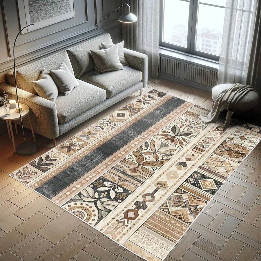 Retro Mid Century Abstract Pattern Rug On Ivory Background, Dark Orange And Reseda Green, 4' X 5' 5", Ideal For Bedroom, Dorm And Living Room - 黑色 棕色 灰色 - 查看 1