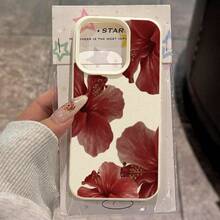 1pc TPU Material Elegant Dark Red Hibiscus Pattern Phone Case Compatible With IPhone 17 Pro Max/17/16 Pro Max/15/13/12/11, S20 FE/A15/S24/A55, Compatible With Redmi Note 11/Note 12/Note 13 Pro, Full Coverage Anti-Drop Soft Protective Phone Cover - White - View 2