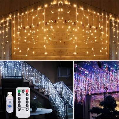 8가지 모드 LED 고드름 조명, 9.8피트 매달린 요정 조명 - 96 LED 고드름 조명 스트링, USB 전원, 실내/외 장식에 적합, 크리스마스, 결혼식, 추수 감사절, 할로윈 및 새해 축하 행사에 적합