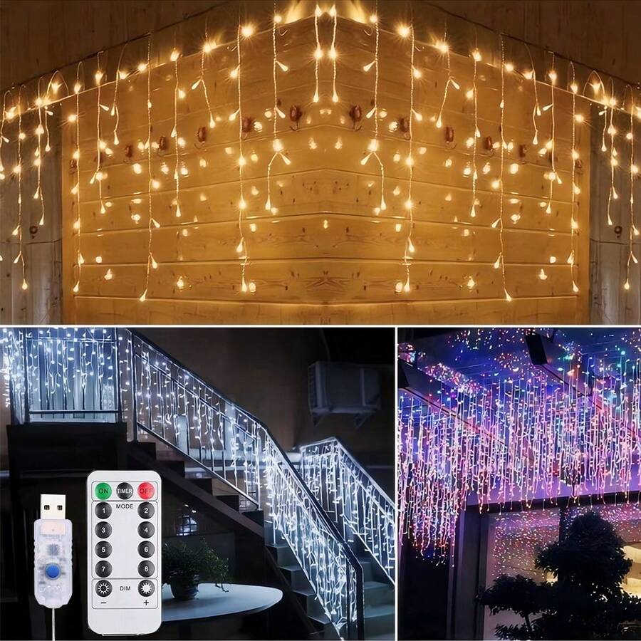 8 Modes LED Icicle Lights, 9.8ft Hanging Fairy Lights - 96 LED Icicle Lights String, USB Powered, Suitable For Indoor/Outdoor Decor, Great For Christmas, Wedding, Thanksgiving, Halloween And New Year Celebrations