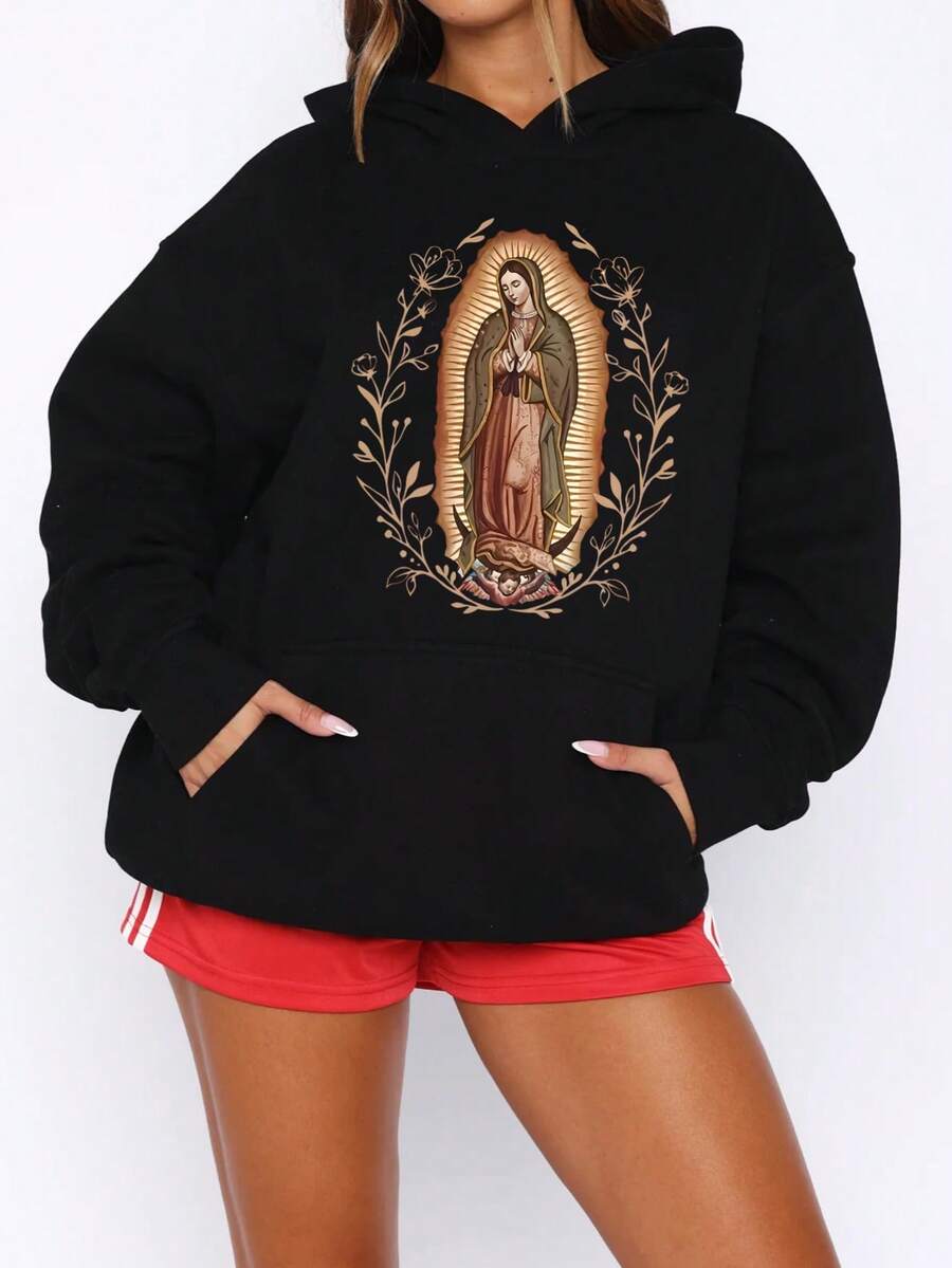 Our Lady Of Guadalupe Virgin Mary Hoodie, Mother Hoodie, Latina Hoodie Gift For Catholic Mom, Vintage 90s Y2K - Soft, Breathable Crew Neck, Lightweight & Comfortable Casual Summer Wear, Women's Tops, White - Black - Hoodie - 查看 1