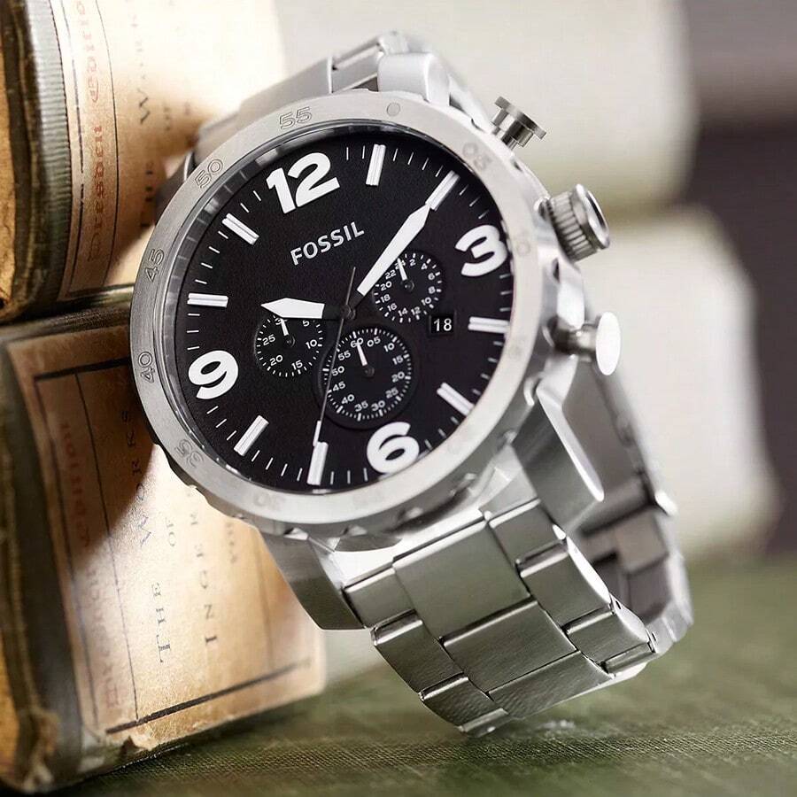Fossil Đồng hồ nam JR1353, dây da đen và thép không gỉ, máy quartz, mặt số analog. - Bạc - Xem 1