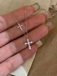 1pc New Fashion Double Cross Crystal Pendant Necklace, Suitable For Various Occasions - Multicolor - View 4