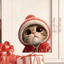 Pegatinas de PVC con diseño de gato lindo con gorro de Navidad de punto para decoración navideña del hogar, fácil de pegar sin dejar residuos, removible y autoadhesivo para baño, puertas de vidrio y interruptores de luz, diseño festivo de gato de ojos grandes y forma asimétrica para un ajuste perfecto, pegatinas de PVC estilo de dibujos animados para decoración navideña de ventanas