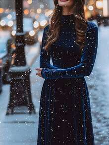 Elegant Velvet High Neck Long Sleeve Dress, Vintage High-End Quality, Suitable For Evening Dates, Birthdays, Christmas Parties In Autumn/Winter - Navy Blue - View 1