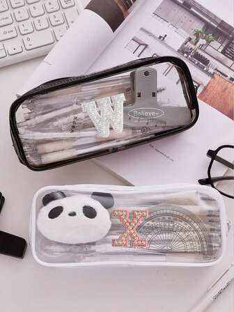 1 st genomskinligt pennfodral med pärlfärgad bokstavsklistermärke, initialer A-Ö, söt pennficka med dragkedja, brevpappersväska, skolmaterial, pennfodral, ryggsäck, sminkväska