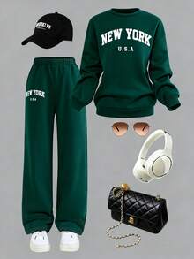 欧美风女童休闲字母印花上衣和裤子套装 - 綠色 - 查看 12