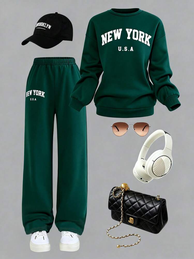 European And American Style Girls' Casual Letter Printed Top And Pants Set - Green - View 11