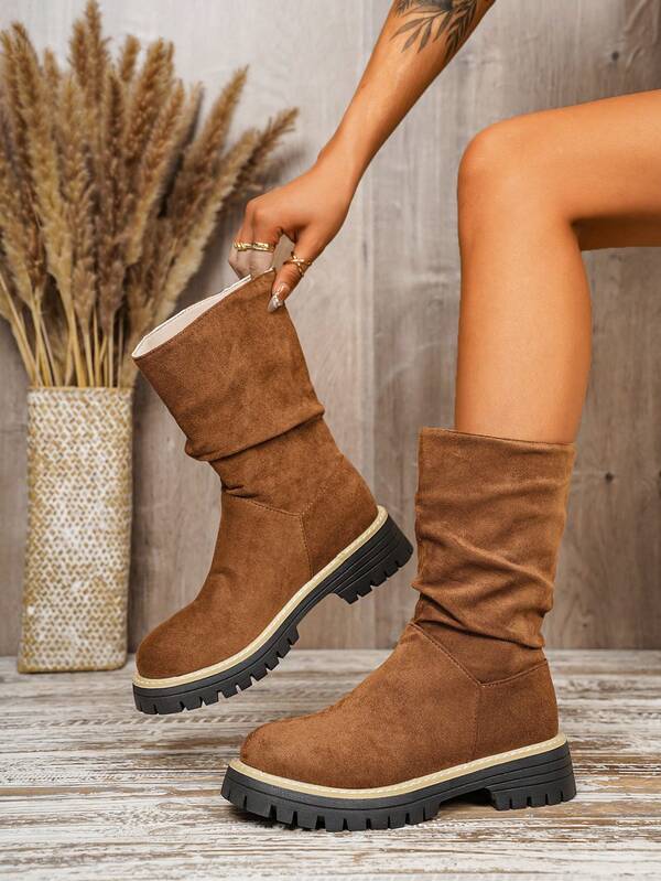 بوت كاوبوي نسائية متوسطة الطول، مقاومة للانزلاق وقوية وشاملة، ذات نعل سميك ومحور مطوي للخريف/الشتاء
