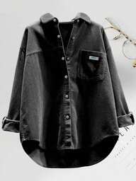 Damen Mode Cord Hemd in Große Größen, Langarm, Kragen, Knopfleiste, Dropped Shoulder, asymmetrischer Saum