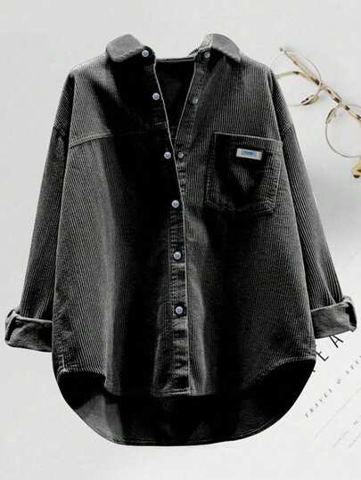 Plus Size Women's Fashion Corduroy Shirt, Long Sleeve, Collar, Front Button, Drop Shoulder, Asymmetric Hemline