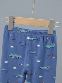 2pcs/Set Boys' Cotton Dinosaur Print Long Sleeve Pajama Set, Cute Cartoon Print Sleepwear Suit