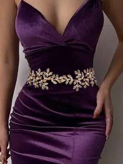 1pc Elegant Alloy Leaf & Faux Pearl Decor Waist Belt, Suitable For Christmas, Holiday Party Dresses, Winter Wedding, Birthday, Daily Wear, Waist Accessory For Women