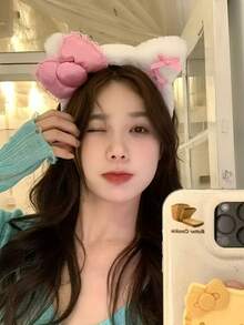 Pink Bow Plush Headband - Cute & Comfortable Hair Accessory For Girls, Suitable For Washing Face And Autumn/Winter Styling - Multicolor - View 6
