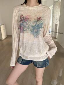 可愛紮染蝴蝶印花長袖T恤，女款秋冬風格 - 黃色 - 查看 3