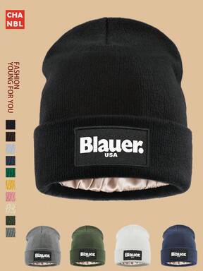 1 pezzo "BLAUER" Cappello lavorato a maglia con stampa logo alla moda, streetwear urbano, cappello lavorato a maglia caldo da papà per proteggere la testa, berretto a tesa larga monocromatico versatile, opzioni di colore multiplo, berretto da sci elastico e confortevole adatto per uomo e donna, ideale per sci, escursionismo, Ognissanti, Natale, regalo ideale per accessori invernali di papà e mamma