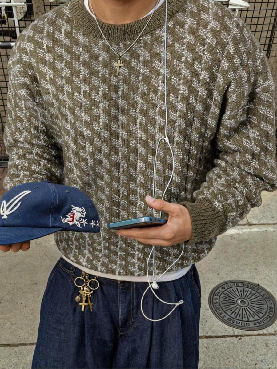 男士休闲复古提花针织套头毛衣，轻薄圆领长袖针织衫，秋冬季 - 綠色 - 查看 1