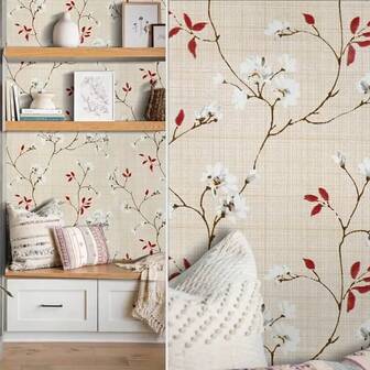 1 rollo de papel tapiz de acuarela vintage con ramas y hojas adornado con pequeñas flores rojas, patrón de estilo europeo, impermeable, resistente a las manchas, fácil de limpiar, decoración del hogar, gabinetes de cocina, mesas y sillas, renovación de fondo de habitación, papel tapiz autoadhesivo, pegatinas de pared, papel tapiz de 17.7in x 39.3/118.1/196.8/393.7in