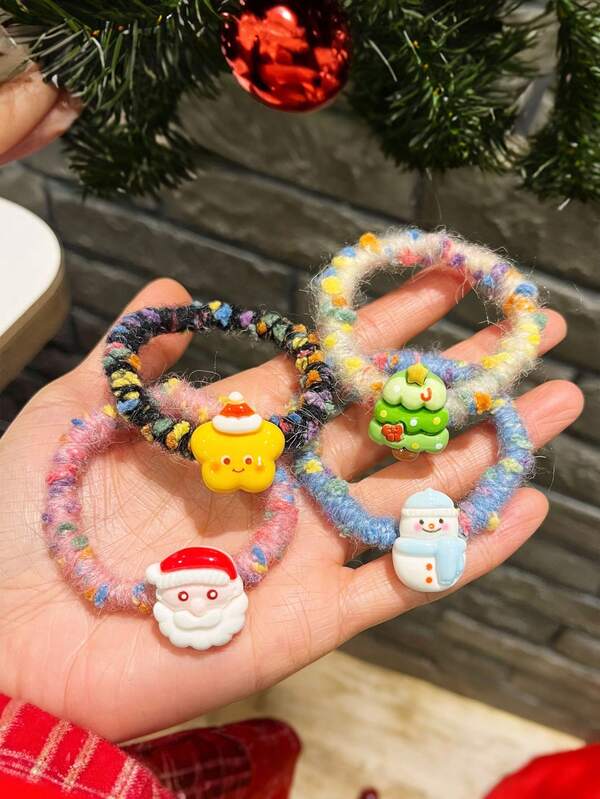 6pcs Christmas Colorful Hair Scrunchies Cute Snowman & Star Hair Ties Ponytail Holders, Slight Color Variation May Occur From Actual Product ,Hair Elastics ,Hair Rubber Bands ,Hair Rope