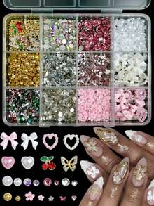 1 Hộp hỗn hợp ngẫu nhiên các loại phụ kiện trang trí móng tay hình trái tim và nơ đính ngọc trai ABS, hình bướm 3D bằng hợp kim và quả anh đào đính đá, hình dáng bất đối xứng, phụ kiện làm móng phong cách Y2K, đồ dùng làm móng DIY - Nhiều màu - Xem 2